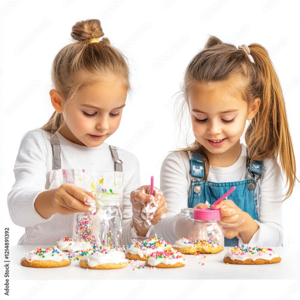 kids creatively decorating cookies with icing and sprinkles, bright and cheerful, cinematic realism, isolated on white background kids creatively decorating cookies with icing and sprinkles, bright and cheerful, cinematic realism, isolated on white background