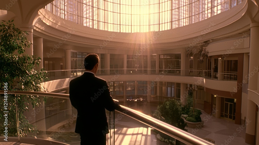 Modern Businessman in Atrium: Contemplative Man in Professional Attire Leaning on Glass Railing as Sunlight Floods Office Building Atrium in Cinematic Scene Modern Businessman in Atrium: Contemplative Man in Professional Attire Leaning on Glass Railing as Sunlight Floods Office Building Atrium in Cinematic Scene