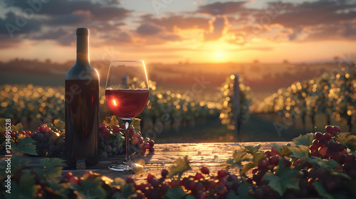 Wine bottle and glass sit o...