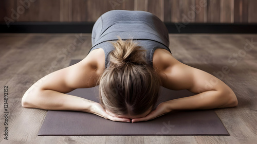 Woman performs prone yoga p...