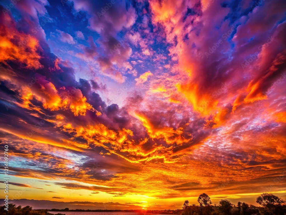 Fototapeta premium Stunning sunrise: vibrant colors and sun rays illuminate a breathtaking dawn sky in low light.