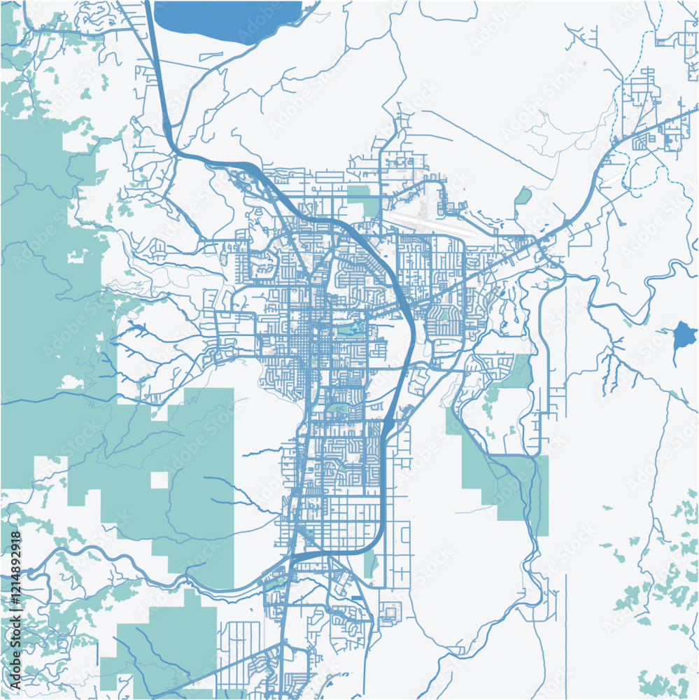Map of Carson City in Nevada in a professional blue style. Contains layered vector with roads water, parks, etc.