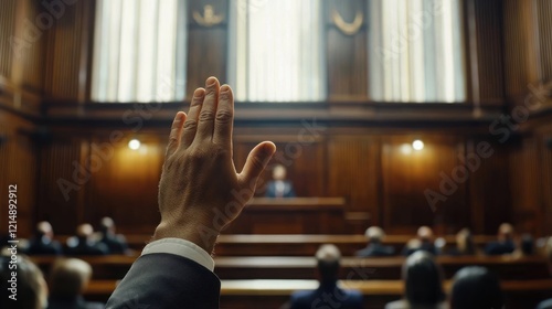 A courtroom scene where a person is raising their hand to take an oath, pledging to speak the truth honestly photo