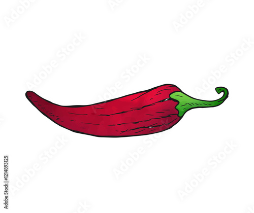 Red chili hand-drawn watercolor cartoon with black outline vector illustration.