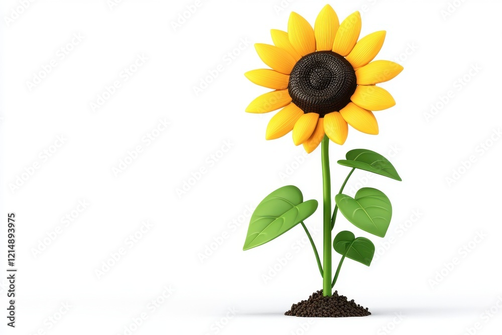 Obraz premium Bright and Cheerful Sunflower with Leaves and Soil on White Background