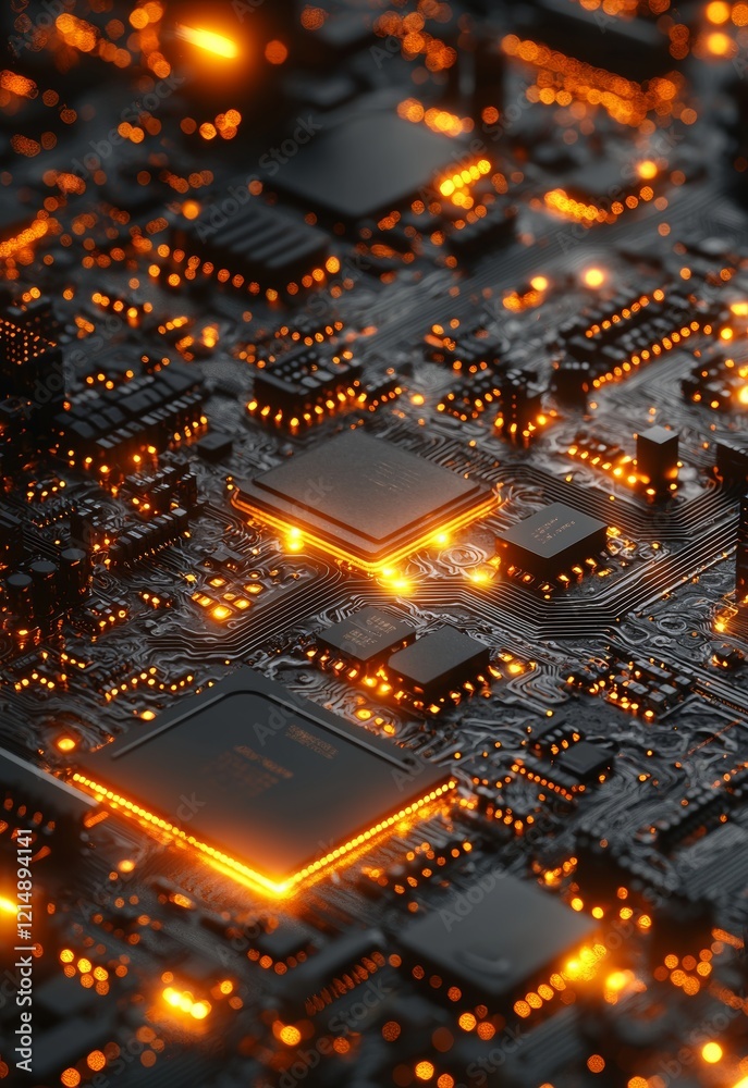 Obraz premium Abstract close-up of illuminated electronic circuit with glowing components and connections