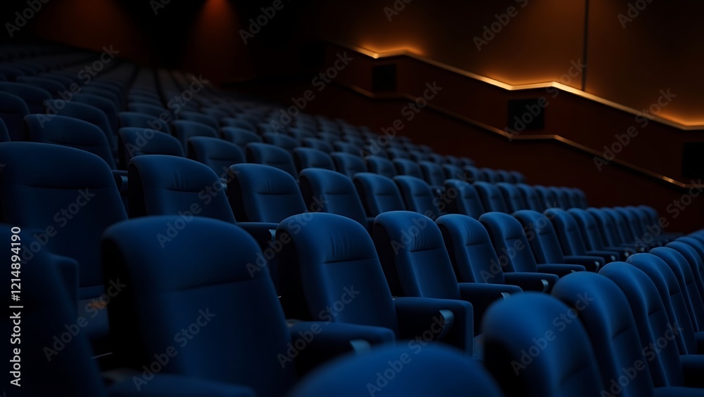 Obraz premium Rows of blue velvet seats in a dark theater illuminated by soft gold lights