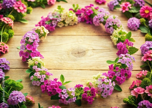 Summer's embrace: Tilt-shift verbena floral wreath adorns greeting cards and cosmetic packaging.