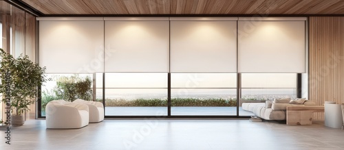 Modern interior design featuring large roller blinds.