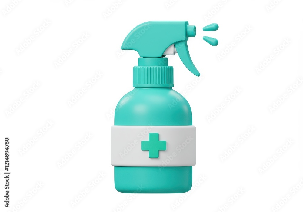 A 3D rendered turquoise spray bottle with a white band featuring a green medical cross isolated on white background A 3D rendered turquoise spray bottle with a white band featuring a green medical cross isolated on white background