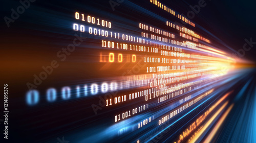Digital data streams with binary code flowing in motion, representing technology and information transfer. vibrant colors create dynamic and futuristic atmosphere