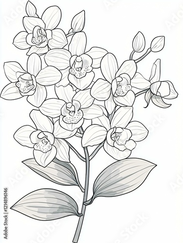 Bright Blossom Outline: A symmetrical arrangement of crisp, sharply defined flowers like orchids and lilies on a white backdrop photo