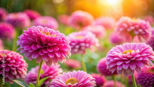 Vibrant pink abstract floral blooms in a serene botanical garden setting, with soft focus and warm natural light, pink