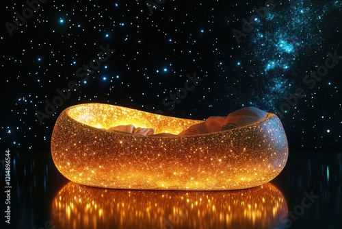 Unique glowing cradle shaped like a cocoon against a starry night sky photo