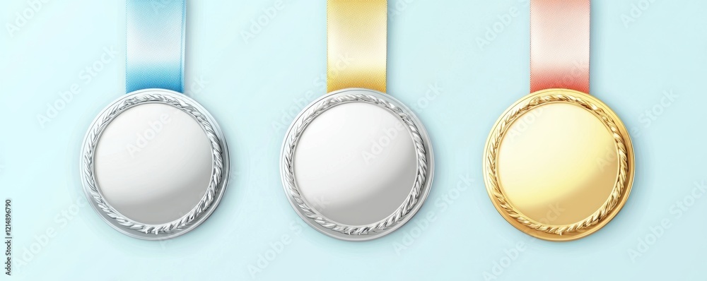 A trio of shiny medals with decorative ribbons, designed with blank centers for personalized logos or messages A trio of shiny medals with decorative ribbons, designed with blank centers for personalized logos or messages