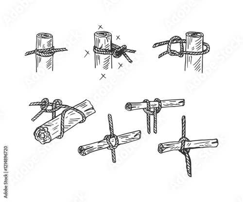Set of hand-drawn rope knots with tree trunks vector illustration.