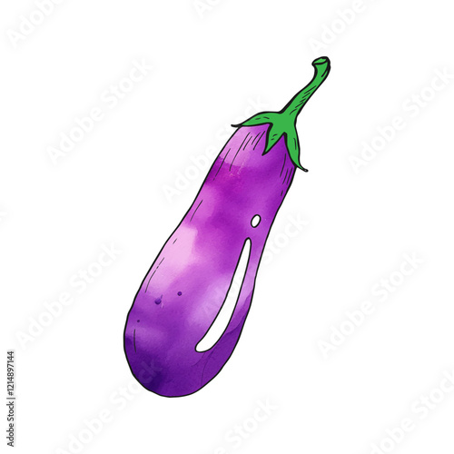 Purple eggplant vegetable watercolor vector cartoon with a black outline.