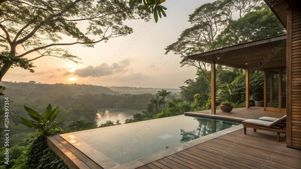 Fototapeta premium Luxury Sunrise Pool Villa Tropical Landscape Infinity Pool Tranquil Getaway