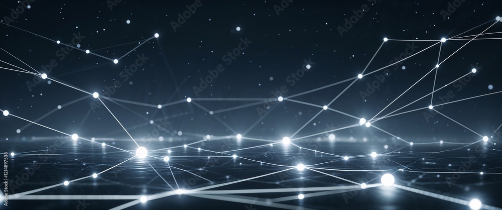 Faint white glowing lines connecting distant digital nodes in a shadowed void illustration background design
