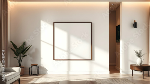 Wallpaper Mural Frame mockup. Living room wall poster mockup on plain white. Interior mockup background. Modern interior design. 3D realistic rendering Torontodigital.ca
