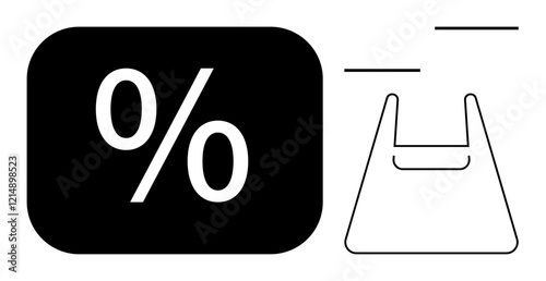 Percentage sign on black square represents discount. Minimalist shopping bag outline on the right enhances retail context. Ideal for promotions, sales, e-commerce, online shopping, marketing