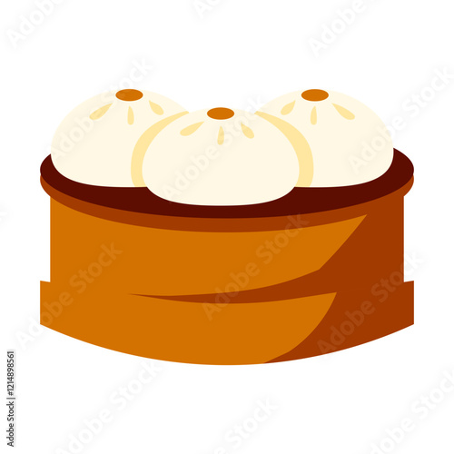 Three steamed buns in a bamboo steamer basket.