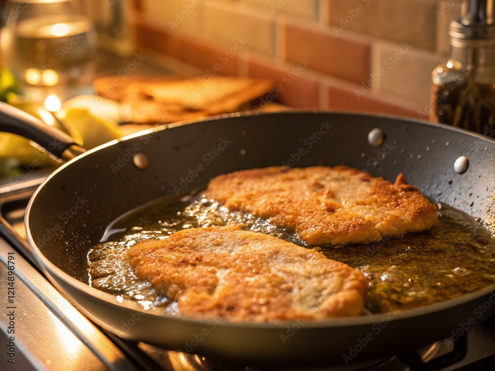 Delicious Crispy Escalope Sizzling in Pan, Bokeh Background Delicious Crispy Escalope Sizzling in Pan, Bokeh Background