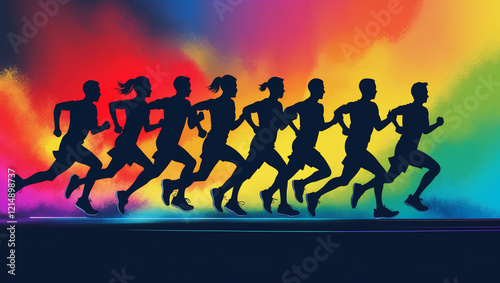Silhouette of runner running towards the finish line. Success concept for boston marathon