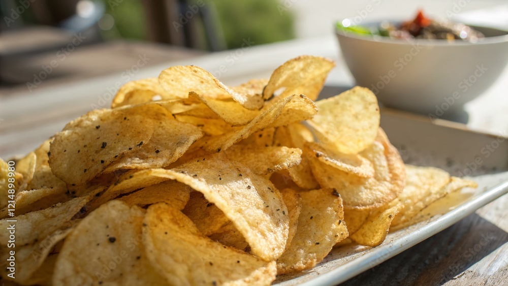 Delicious Crispy Potato Chips: Crunchy Snack Food Photography with Copy Space Delicious Crispy Potato Chips: Crunchy Snack Food Photography with Copy Space