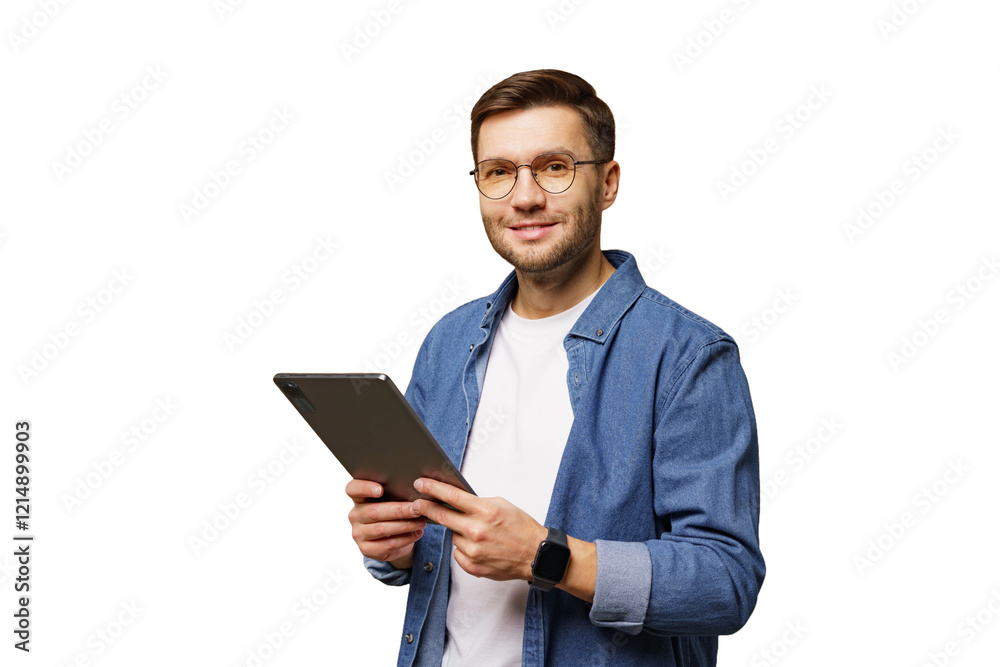 Young man in casual attire holds a tablet while smiling against a white background in a bright indoor setting Young man in casual attire holds a tablet while smiling against a white background in a bright indoor setting