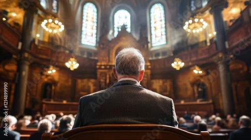 A preacher standing at a pulpit in a grand church, delivering a homiletical sermon to an attentive congregation photo