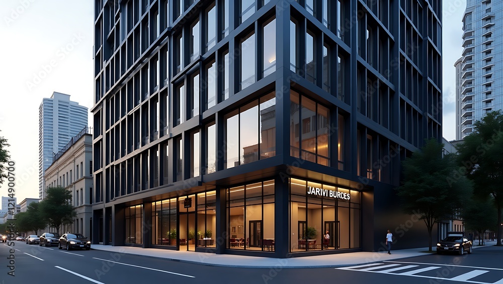 Obraz premium Modern architecture building with glass facade in urban setting scene