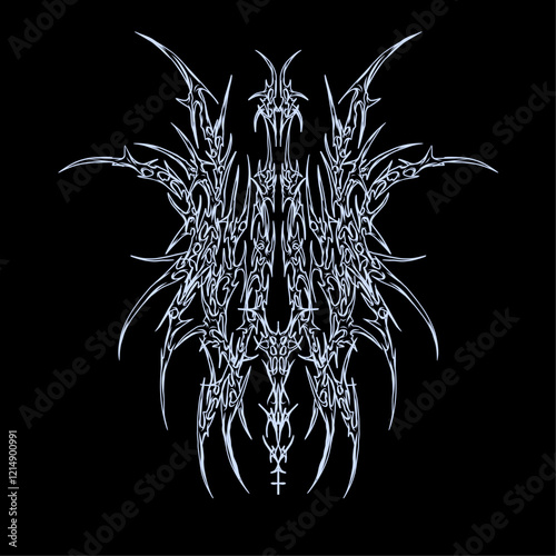 Abstract symmetrical tribal vector design with sharp edges and intricate details, featuring a dark, metallic aesthetic suitable for gothic, metal, or futuristic themes