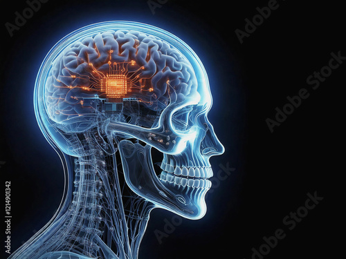 X-ray of Human Skull with Microchip, Exploring Transhumanism and Cyber Future brain