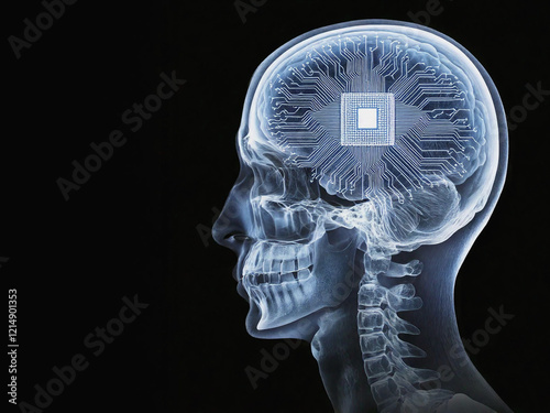 X-ray of Human Skull with Microchip, Exploring Transhumanism and Cyber Future brain