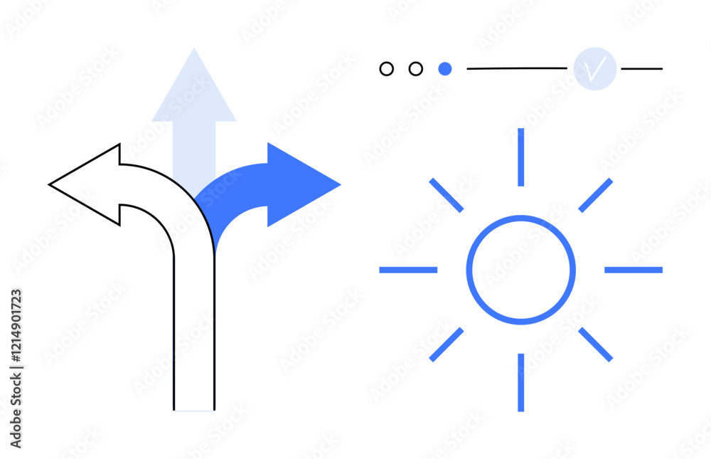 Arrows pointing left, straight, and right in black and blue next to a blue sun icon with tick mark in the upper right. Ideal for decision making, progress, navigation, goals, motivation, career path Arrows pointing left, straight, and right in black and blue next to a blue sun icon with tick mark in the upper right. Ideal for decision making, progress, navigation, goals, motivation, career path