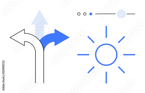 Arrows pointing left, straight, and right in black and blue next to a blue sun icon with tick mark in the upper right. Ideal for decision making, progress, navigation, goals, motivation, career path