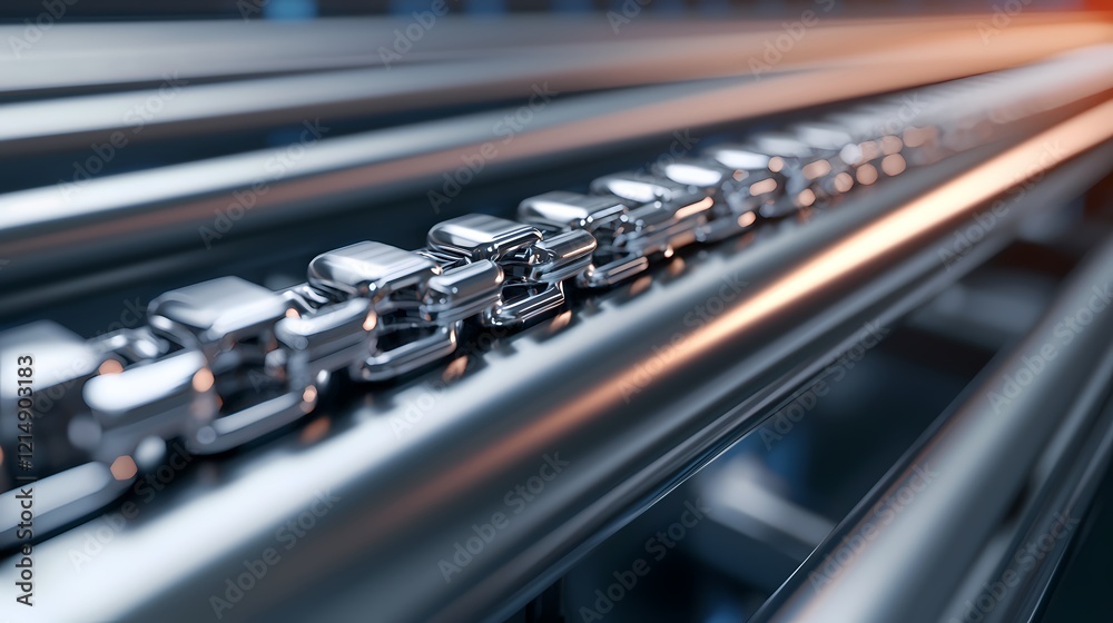 A close-up view of a metallic chain link on a conveyor system, showcasing sleek surfaces and industrial design. A close-up view of a metallic chain link on a conveyor system, showcasing sleek surfaces and industrial design.
