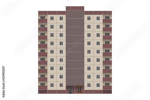 Prefabricated nine-storey panel apartment building, with one entrance lined with beige tiles is isolated. The house has balconies.