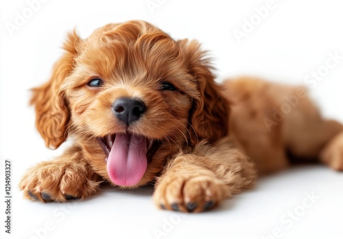 Adorable Fluffy Puppy with Playful Expression Relaxing on White Background, Perfect for Pet Lovers, Animal Enthusiasts, and Family-Friendly Themes photo