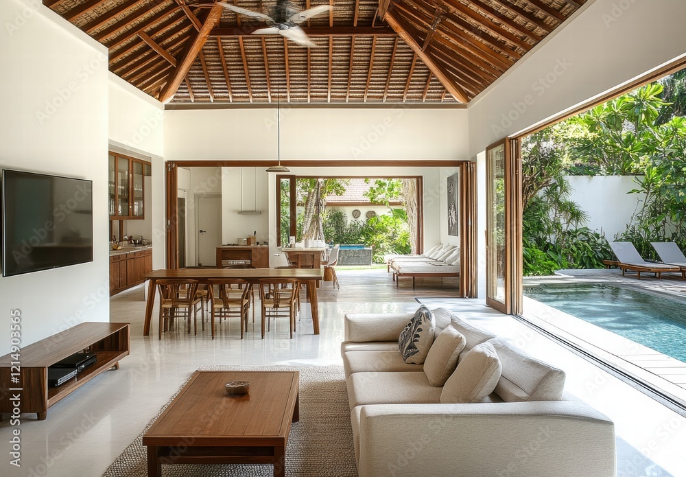 Fototapeta premium A large open living room with a white couch, a brown coffee table