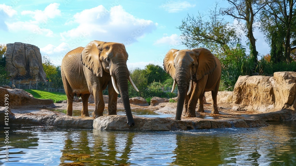 Fototapeta premium Two elephants stand near a tranquil water body, surrounded by lush greenery and rocky formations under a bright blue sky.