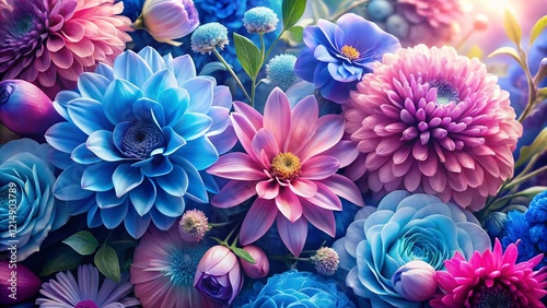 Elegant Panoramic Floral Background: Blue and Pink Flowers