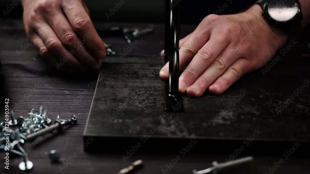 Carpenter Marking A Black Particle Board For Drilling To Make Home Shelves