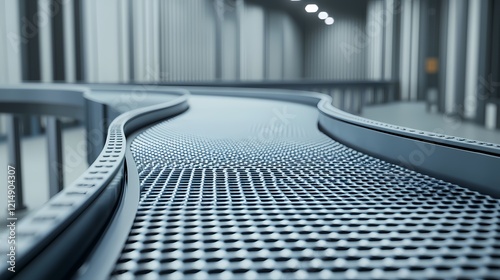A conveyor belt winds through a spacious industrial setting, illuminated by overhead lights, showcasing a sleek and modern design.