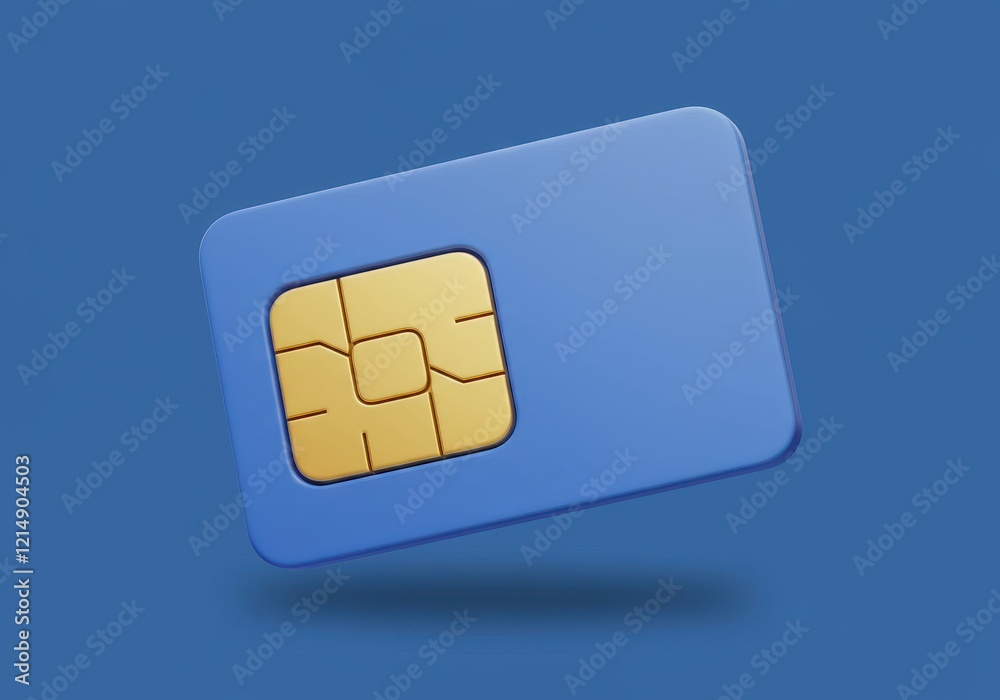 A 3D illustration of a blue SIM card with a golden chip in the center A 3D illustration of a blue SIM card with a golden chip in the center