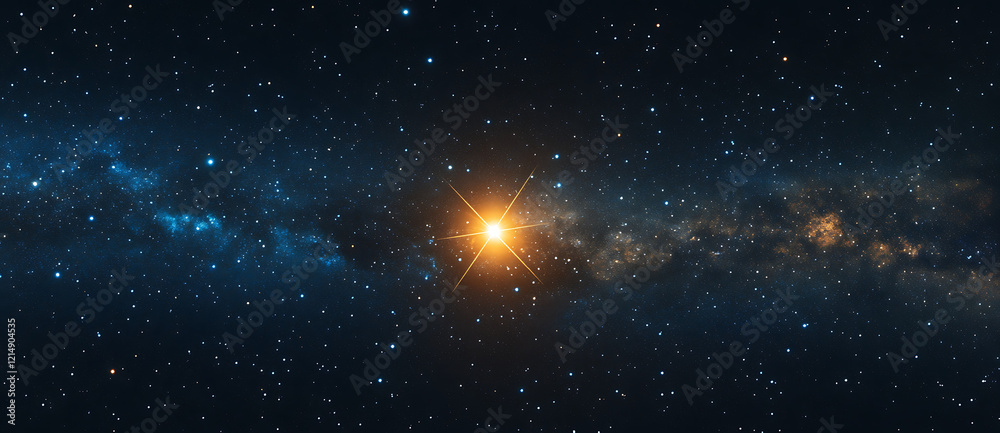Obraz premium A starry night sky with the bright, shining North Star in the center, against a background of blue and white stars, in high resolution. 