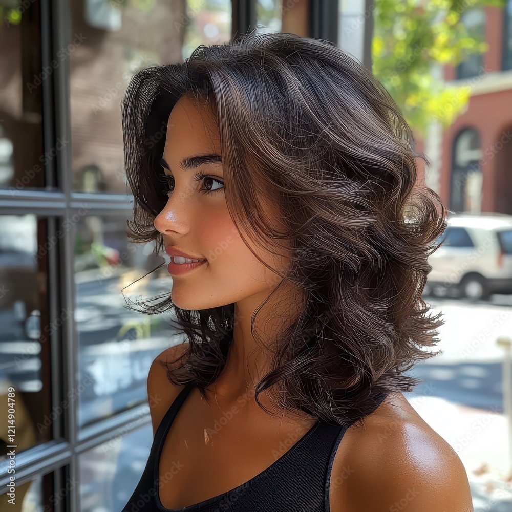A young woman with voluminous, wavy hair is seen in profile, standing near a window with bright natural light illuminating her features. A young woman with voluminous, wavy hair is seen in profile, standing near a window with bright natural light illuminating her features.