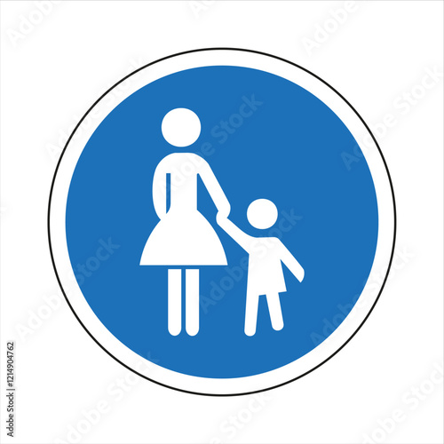 Round blue and white pedestrian sign indicating a path for mothers and children