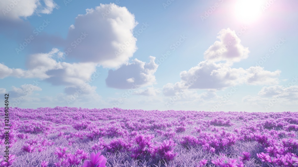 Obraz premium Enchanting Meadow of Radiant Purple Flowers Bathed in Sunlight Beneath Fluffy Clouds - Ultra-Detailed Cinematic Image